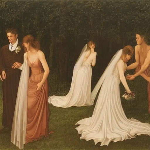 Prompt: Wedding at Dusk, art by Evelyn De Morgan