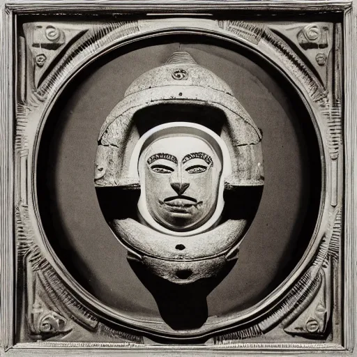 Image similar to photo portrait of precolumbian aztec astronaut helmet with fine detail engravings and runes cultist lord rich baron by Diane Arbus and Louis Daguerre