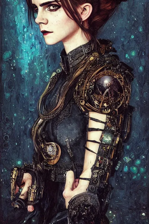 Prompt: portrait of beautiful gothic Emma Watson, cyberpunk, Warhammer, highly detailed, artstation, illustration, art by Gustav Klimt