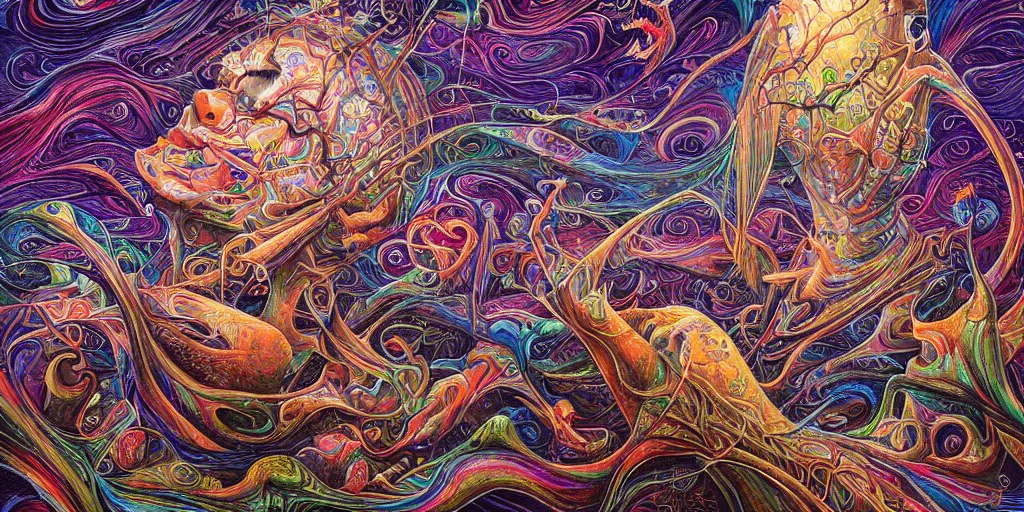 Image similar to 🌲🌌, acrylic on canvas, realism movement, breathtaking detailed, by android jones, alex grey, chris dyer, and aaron brooks, photorealistic