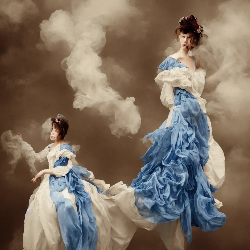 Prompt: woman_dressed_in_a_vaporous_wrapped_large_victorian_cream_roses_silk_semi-transparent_blue_and_cream_dress_fashion_is_running_DDfantasy