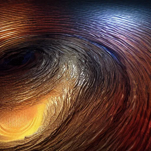 Prompt: wide angle shot of a giant stream of liquid golden stream ascending swirling into a black hole, james web telescope, conceptart, unreal engine 5, 8 k, high depth of field, depth perception, rich deep colors, artstation