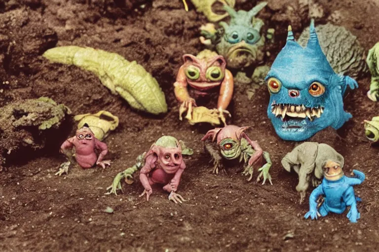 Image similar to autochrome photo of vintage disgusting brown Boglins, plastic goblin monster toys in sewer, kaiju, oni, realistic