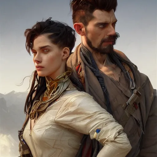 Image similar to portrait painting of a futuristic rugged male and female stood next to each other, colonisation, model pose, ultra realistic, concept art, intricate details, eerie, highly detailed, photorealistic, octane render, 8 k, unreal engine. art by artgerm and greg rutkowski and alphonse mucha