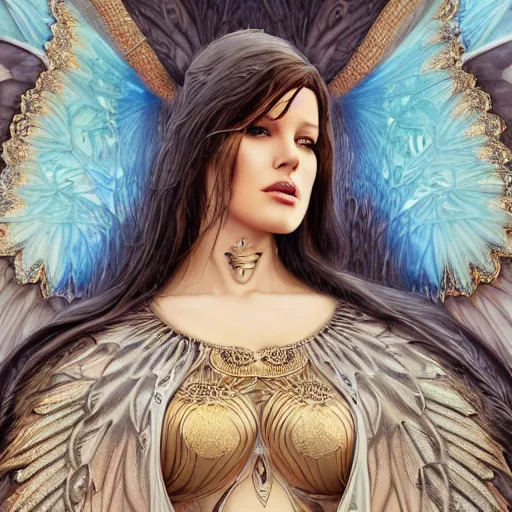 Image similar to a beautiful symmetrical plus size woman full body wearing algerian kaftan with translucent wings by alex gray and android jones , Karol Bak, Ayami Kojima, Amano , concept art, character design, fantasy,3D, 8k resolution