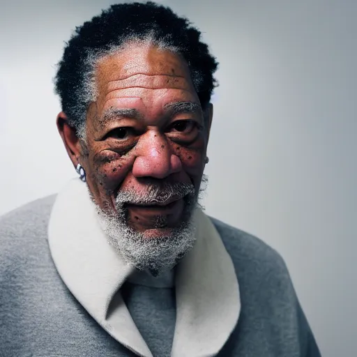 Prompt: a studio photograph of Morgan Freeman dressed like Travis Scott, 40mm lens, shallow depth of field, split lighting