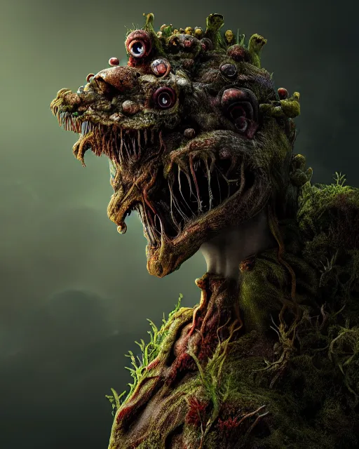 Image similar to a extremely disturbing horror photograph of a fantasy creature made out of nature and fungus, intricate, hyperrealism, sharp focus, cinematography, highly detailed, octane render, horror cgi 4 k, matte, photograph by professional photographer