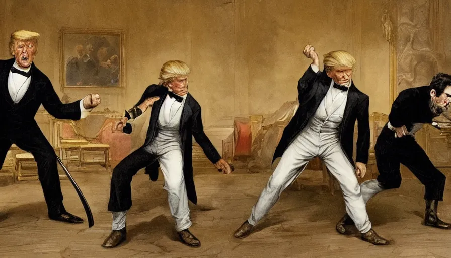 Prompt: trump fighting abraham lincoln in an intense fight scene