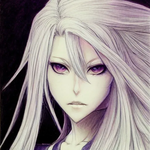 Prompt: a drawing of a woman with long white hair, a character portrait by yoshitaka amano, featured on pixiv, fantasy art, official art, androgynous, anime