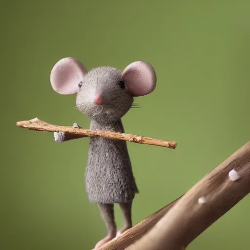 Prompt: photo - realistic mouse holding a twig as a staff