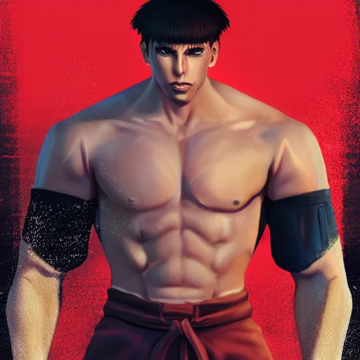 Prompt: photo of nikolas cage as ken from street fighter 2, blond shoulder length hair, high - contrast, intricate, action pose, ultra realistic, hyper detailed, centered, digital painting, artstation, smooth, sharp focus