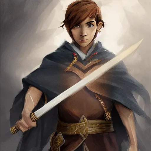 Prompt: An adolescent male half-elf wizard, focus on face, tall, slim, short brown hair, smiling, wizard robes, staff, sharp focus, highly detailed, photograph, still, cinematic, dynamic lighting, trending on artstation, digital painting, in the style of Chris Ostrowski