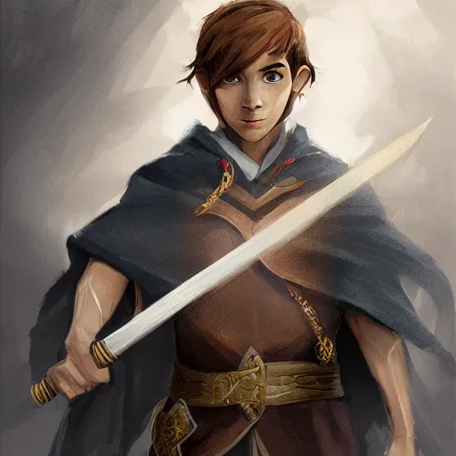 Image similar to An adolescent male half-elf wizard, focus on face, tall, slim, short brown hair, smiling, wizard robes, staff, sharp focus, highly detailed, photograph, still, cinematic, dynamic lighting, trending on artstation, digital painting, in the style of Chris Ostrowski