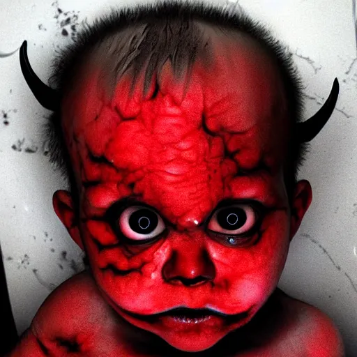 Image similar to frightening demon baby, horror, hyper realistic, red and black theme, horror