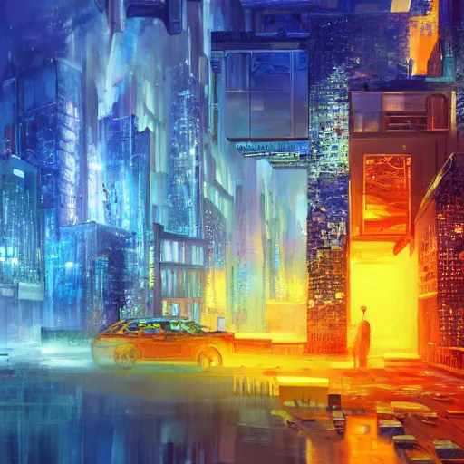 Image similar to Concept art of an urban city getting magically shredded into blue particles, trending on artstation, oil on canvas, vivid color, ultra detailed.