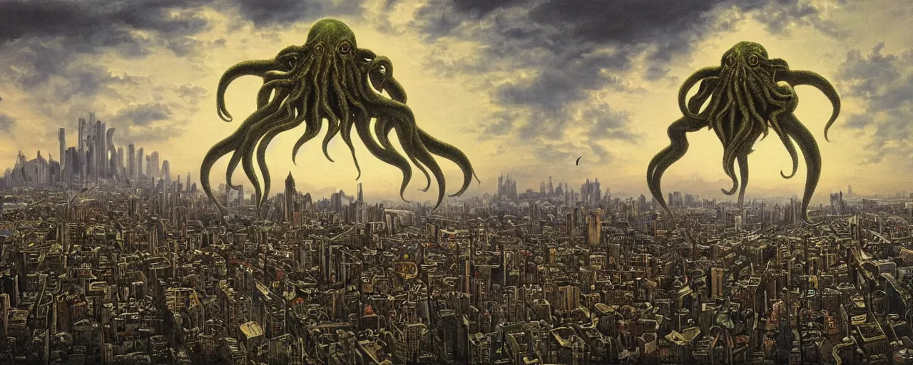 Prompt: Cthulhu rising in the sky above city, Christensen James C