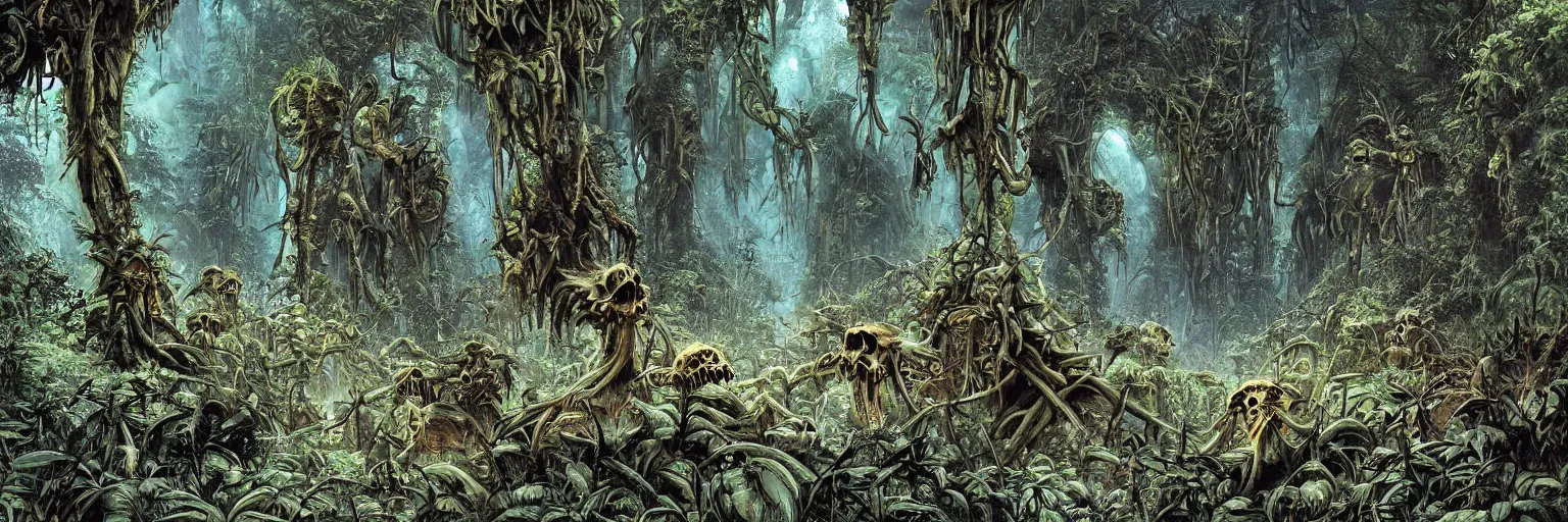 Image similar to underground cave on an exotic alien planet with a jungle canopy of antler trees in the background, leafy overgrowth, insectile weeds, demon faces, skulls, by ian miller, rodney matthews and al feldstein, photorealistic render