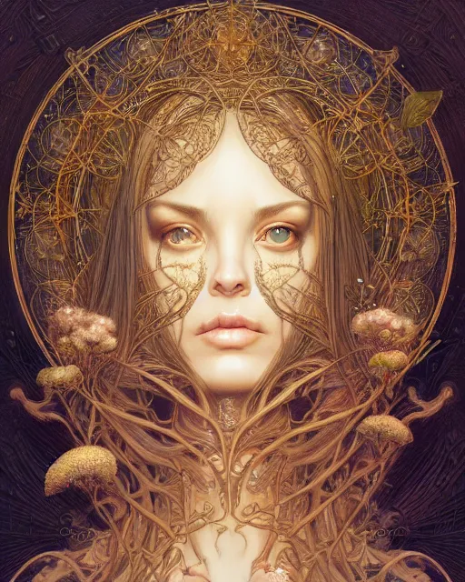 Prompt: centered beautiful detailed front view portrait of a woman with ornate growing around, ornamentation, flowers, elegant, beautifully soft lit, golden ratio, full frame, by wayne barlowe, peter mohrbacher, kelly mckernan,