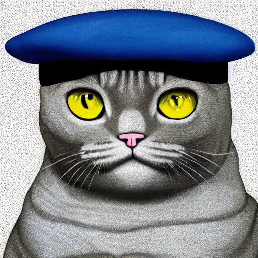 Prompt: British Shorthair cat with a beret and moustache, hyper realistic