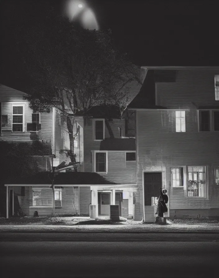 Prompt: “ quiet american neighborhood at night, a woman waiting with by a classic car, beams of light, photography in the style of gregory crewdson, rule of thirds ”