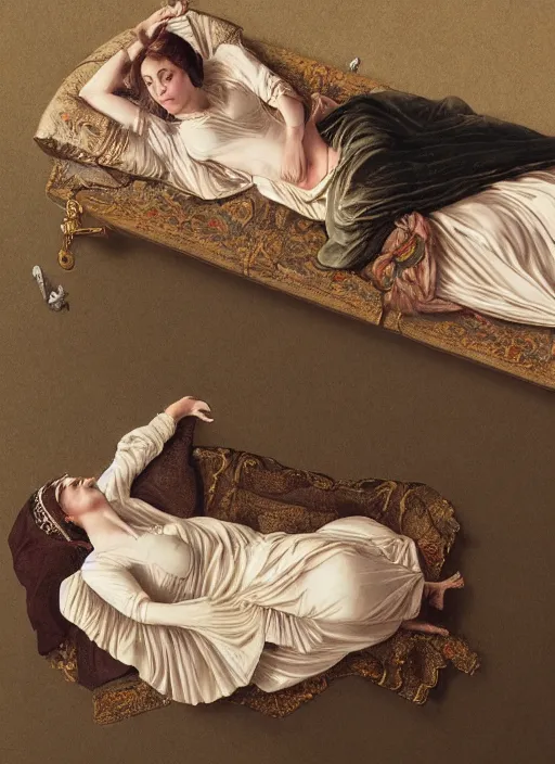 Prompt: top view of a queen lying sleepless on royal bed, in the style of charles sillem lidderdale, in the style of greg rutkowski, artstation, high quality art