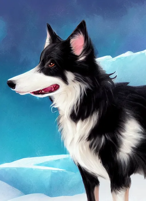 Image similar to beautiful portrait of a cute male anthropomorphic border collie fursona wearing a swimsuit in antarctica. character design by charlie bowater, henry asencio, and ross tran. scenic background, detailed, glamor pose, aesthetic, trending on artstation, top rated on furaffinity and deviantart