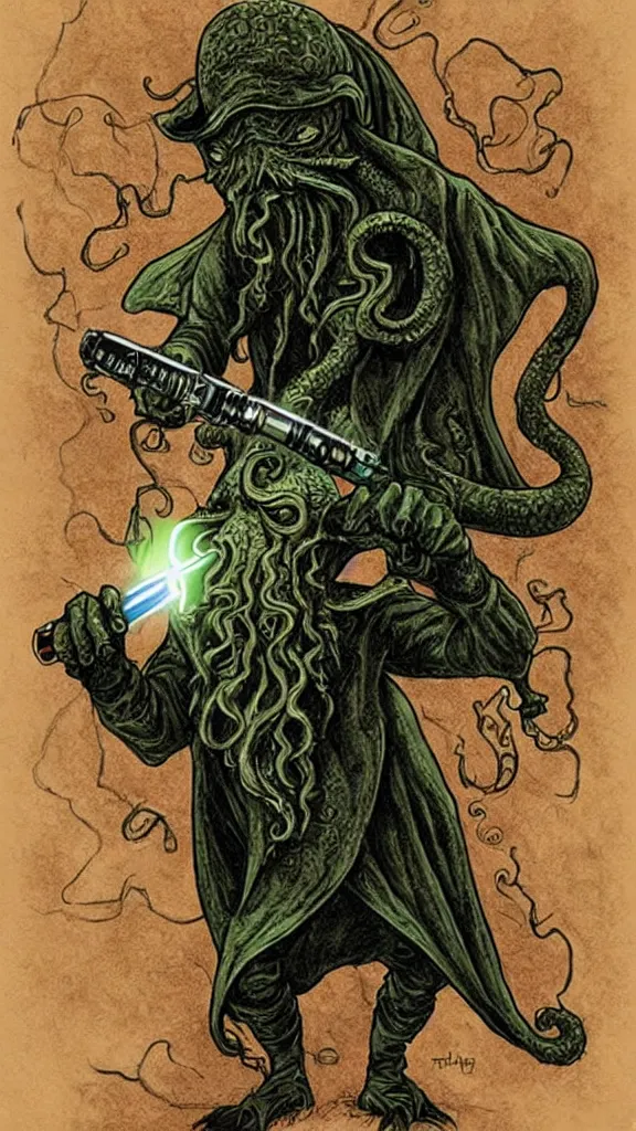 Prompt: Cthulhu wearing a Sherlock Holmes's hat and holding a lightsaber