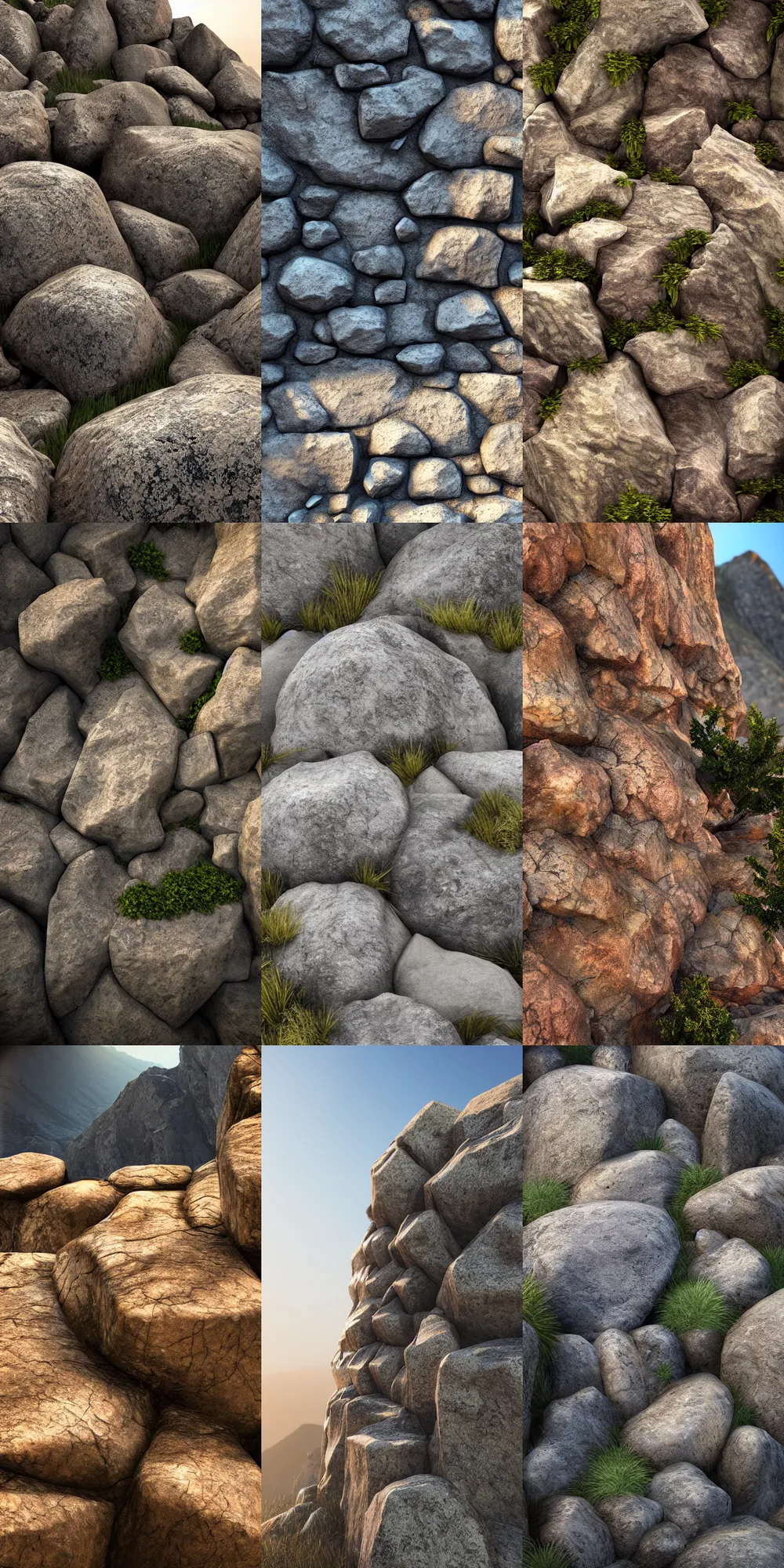 Prompt: Beautiful rock wall in a mountain landscape, raytracing, octane render, volumetric, vivid
