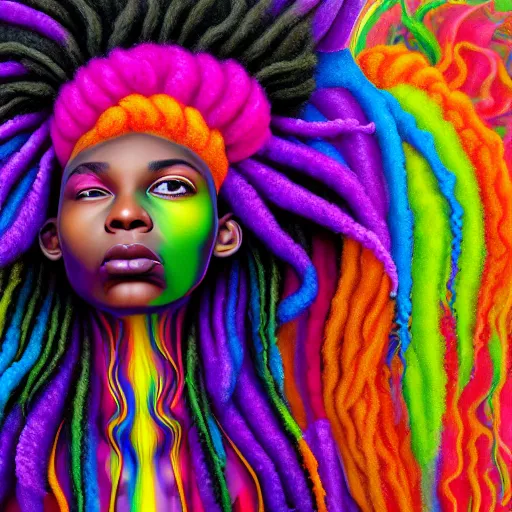 Image similar to a wide angle shot of a black girl with colorful dreadlocks in a field of candy, by Adi granov and afarin sajedi and amanda sage and evgeni gordiets and Agostino Arrivabene and adonna khare in a psychedelic portrait style, ultrarealistic matte painting, volumetric lighting, fractal, extremely symmetrical, highly detailed face, orisha, 8k, hd