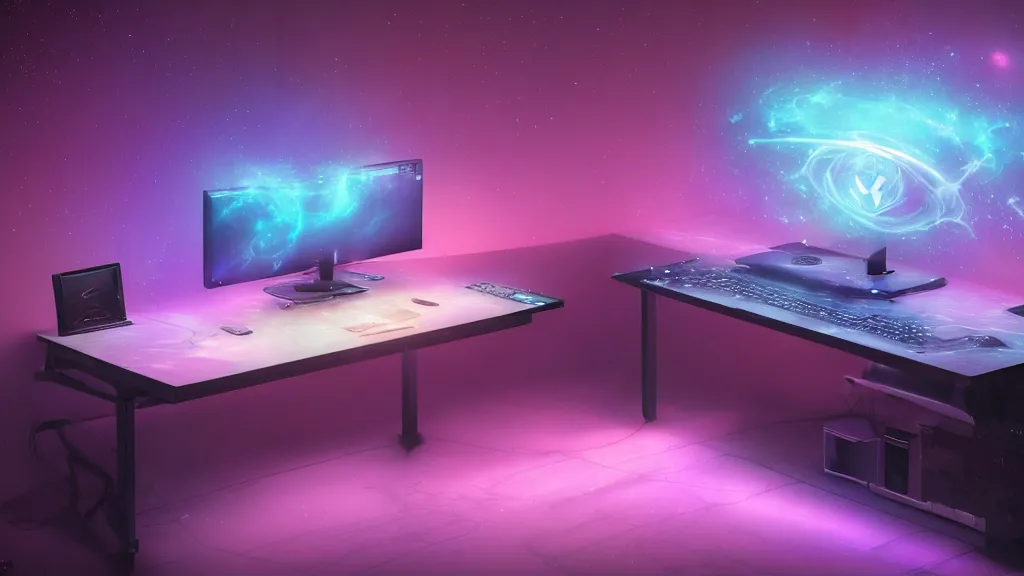 Image similar to a galactic overpowered computer. (cyan, pink, purple, orange) Overclocking, watercooling, custom computer, nebula, mat black metal, alienware, cosmic design, desktop computer, nebula, galactic, space, minimalist desk, minimalist home office, whole room, minimalist, Beautiful dramatic dark moody tones and lighting, orange neon, Ultra realistic details, cinematic atmosphere, studio lighting, shadows, starts lighting, starts, dark background, dimmed lights, industrial architecture, Octane render, realistic 3D, photorealistic rendering, 8K, 4K, computer setup, highly detailed