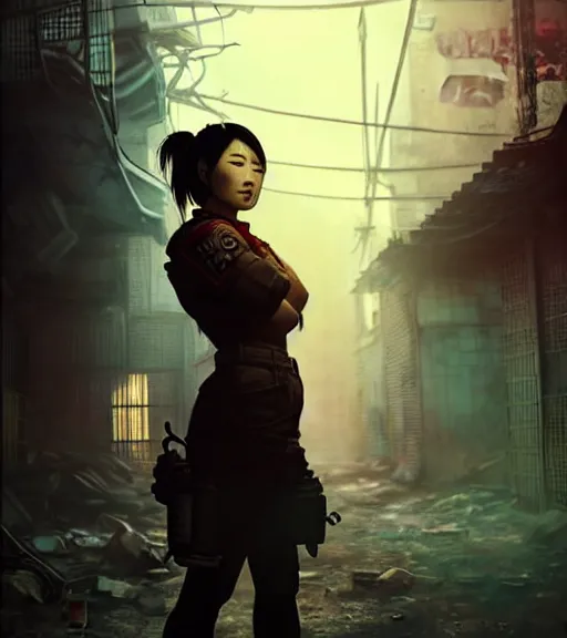 Prompt: fallout 5, charismatic beautiful rugged asian female protagonist, portrait, outdoors in a dilapidated tokyo back alley, atmospheric lighting, painted, intricate, volumetric lighting, daytime, autumn, fog, sharp focus, ultra detailed, art by william turner and ross tran