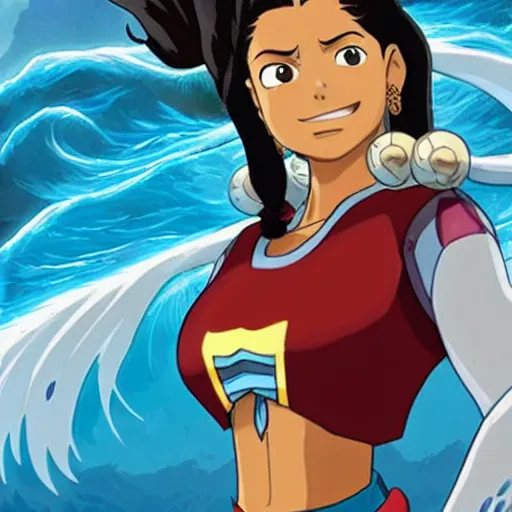 Prompt: highly detailed portrait of a latina katara for avatar with water powers, shaping massive waves, in my hero academia, stephen bliss