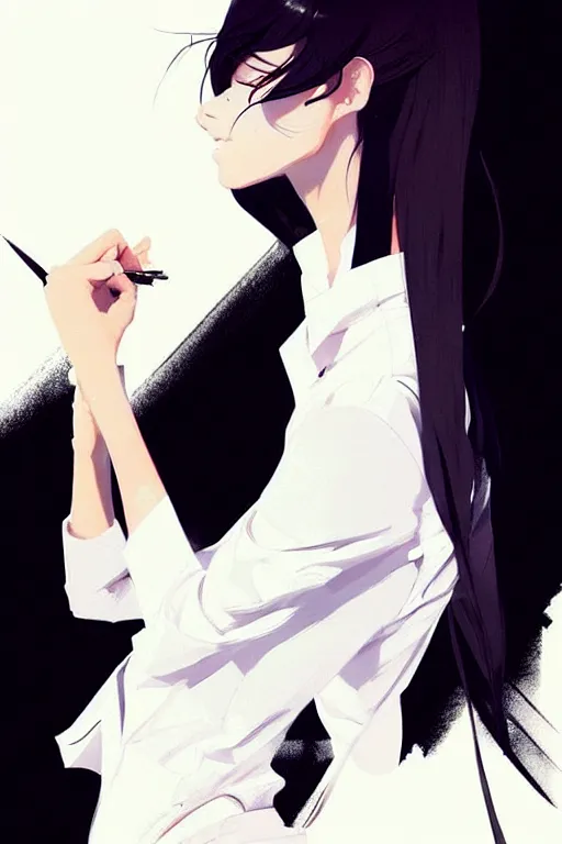 Image similar to a ultradetailed beautiful panting of a stylish woman, she is wearing a white shirt with a tie and black pants, by conrad roset, greg rutkowski and makoto shinkai trending on artstation