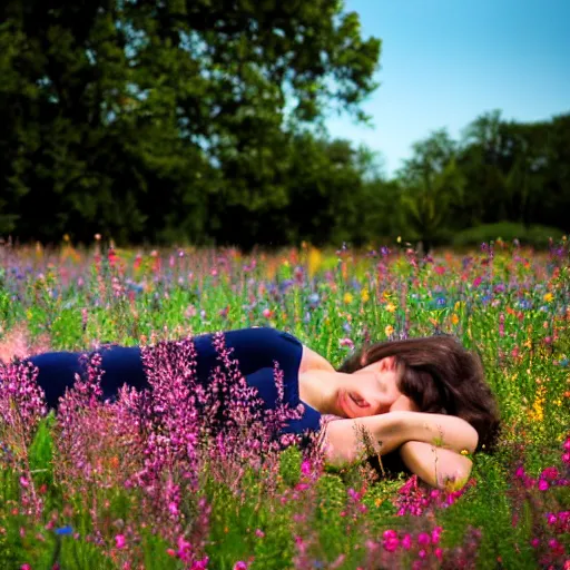 Prompt: a woman lying in a field of wildflowers