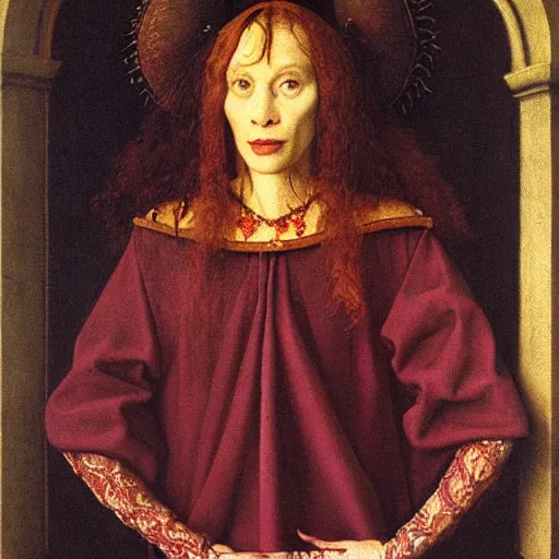 Image similar to portrait of beautiful witch circe in the odyssey, art by jan van eyck