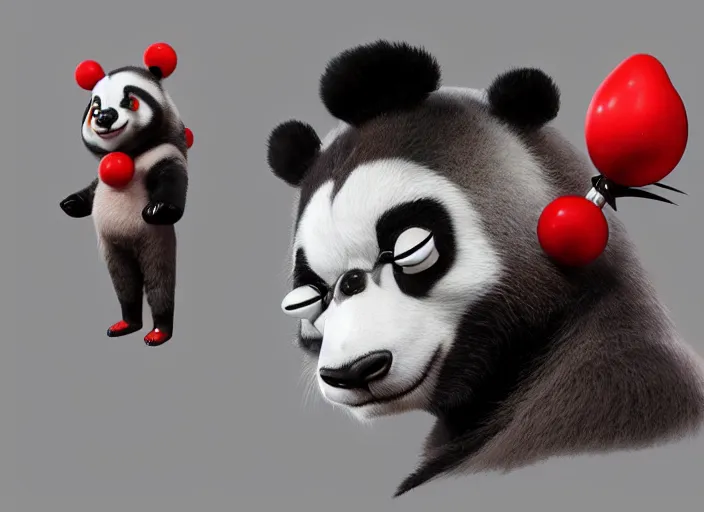 Prompt: award - winning detailed concept art of a strange iconic anthropomorphic panda character wearing clown makeup. art by wlop on bcy. net, realistic. detailed feathers, art by cheng yi. artstationhd, artgerm, 3 dcg, pixar zootopia. 3 d rendering, high quality model sheet, disney. model sheet detailed