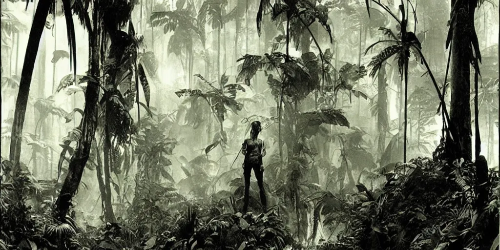 Image similar to a human researcher standing in the rainforest, post - apocalypse, cinematic by hugh ferriss