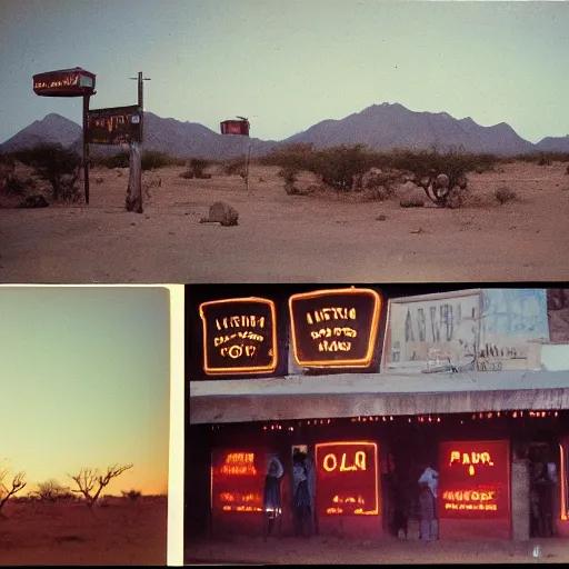 Image similar to old polaroids of taverns in northern namibia with neon signage