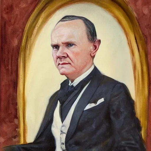 Prompt: calvin coolidge as a dnd fantasy tiefling, horned coolidge epic painting. official portrait, dnd character painting by gibbs - coolidge. oil on canvas, wet - on - wet technique, underpainting, grisaille, realistic. restored face.