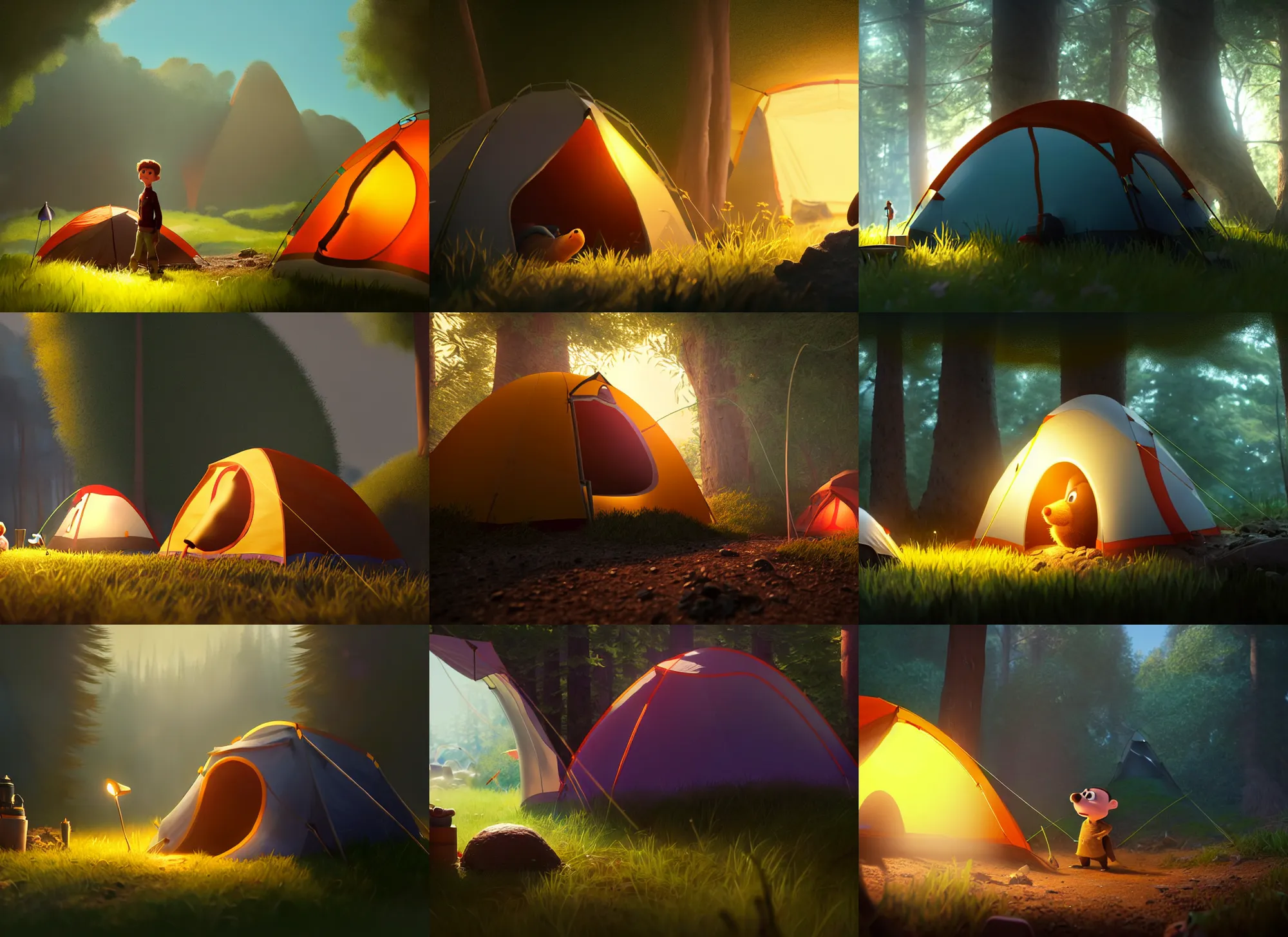 Prompt: a mole dug through a hole in my tent as i was camping, inside a tent, mole, medium shot, waist up, pixar and disney animation, sharp, rendered in unreal engine 5, anime key art by greg rutkowski, bloom, dramatic lighting