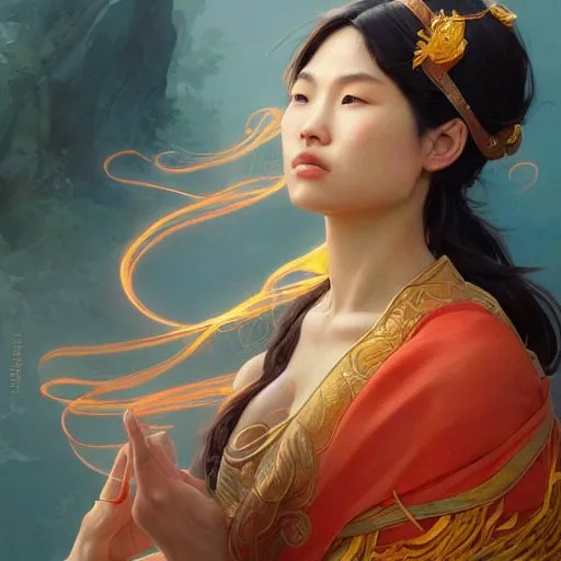 Image similar to An Asian wind goddess, portrait, highly detailed, digital painting, artstation, concept art, sharp focus, illustration, cinematic lighting, art by artgerm and greg rutkowski and alphonse mucha