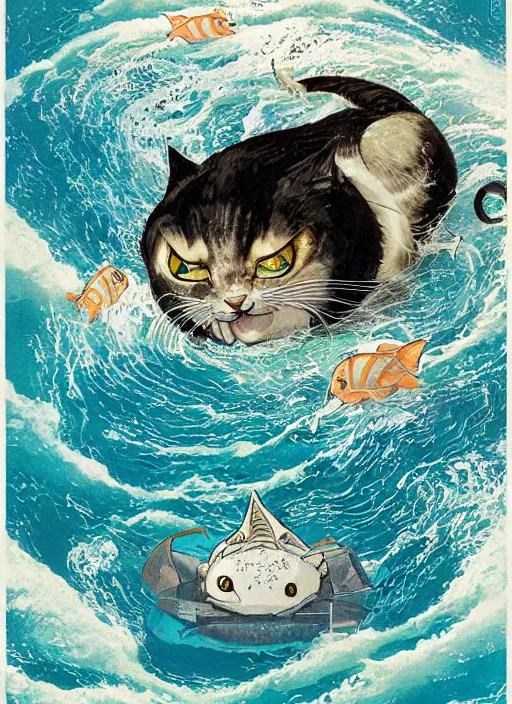 Image similar to japanese magazine cover of one giant cat in the middle of the sea illustrated by miyazaki, hiroyuki kato, keisuke goto, highly detailed, concept art, illustration art