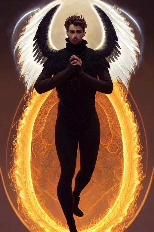 Image similar to symmetrical fullbody portrait of a beautiful young fit male angel with curly blond hairs, fulldressed in long fluent black clothes, majestic big red demonic wings, luminous fire halo, by greg rutkowski and alphonse mucha, gradient white to gold, in front of a smoky background, highly detailed portrait, digital painting, artstation, concept art, smooth, sharp focus illustration