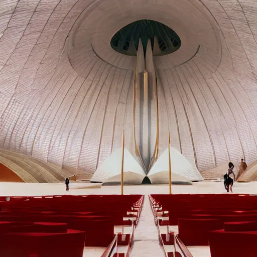 Image similar to interior of a futuristic lotus temple with gold, red and white marble panels, in the desert, by buckminster fuller and syd mead, intricate contemporary architecture, photo journalism, photography, cinematic, national geographic photoshoot