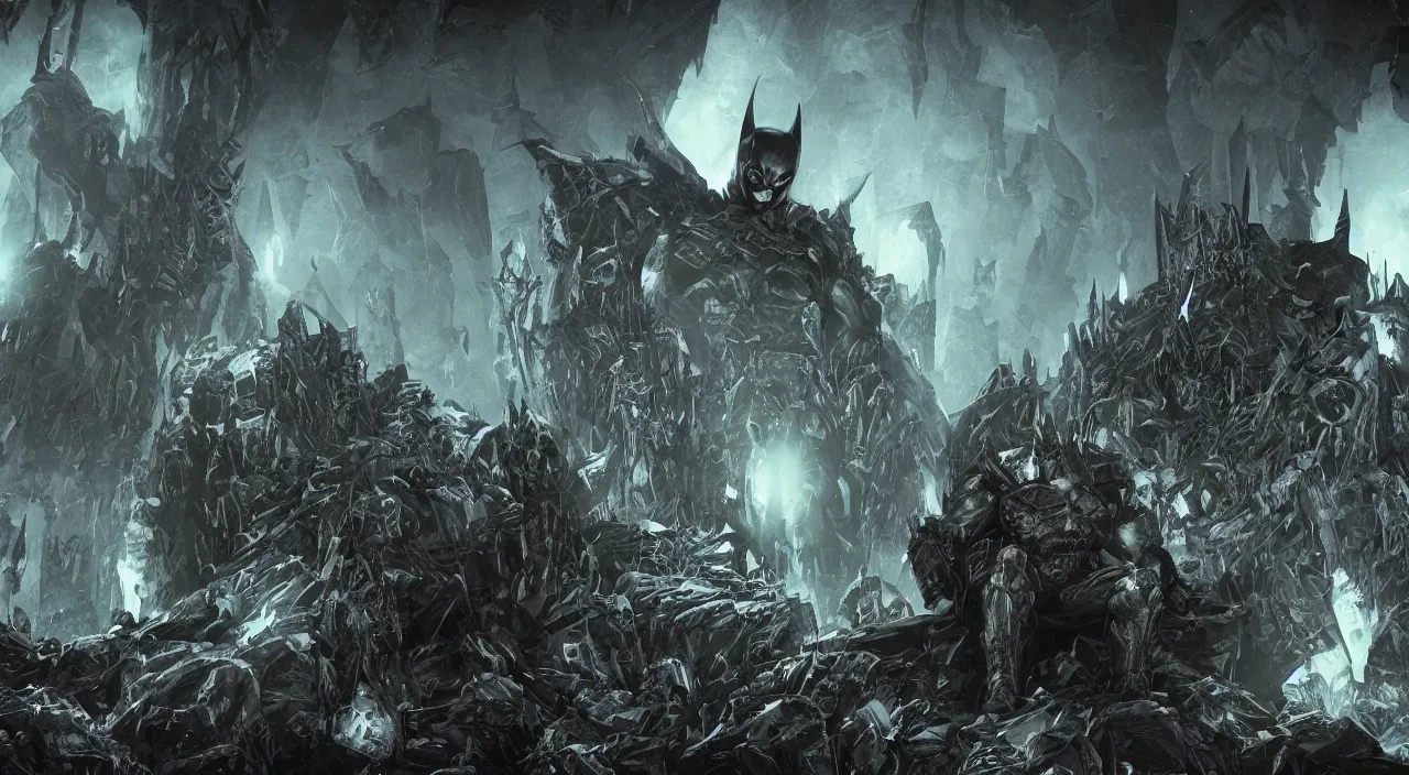 Prompt: deathmetal batman sitting on a throne of skulls, dark cinematic cave environment with hard rim lights and volumetric atmosphere