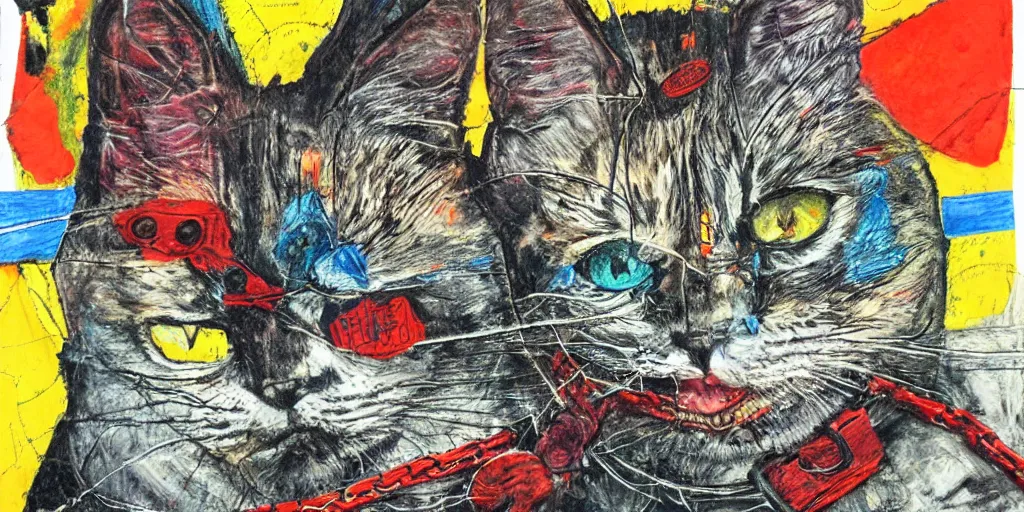 Prompt: mad cat on a chain, collage, acrylic on canvas, lines with colored pencils, newspaper clippings, expressionism movement, breathtaking detailed, by blake neubert