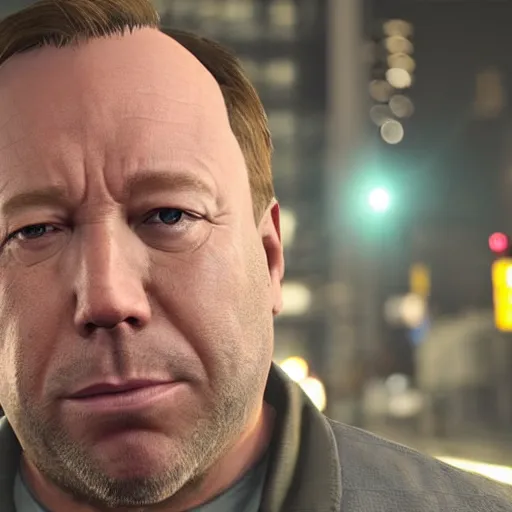 Image similar to hyperrealistic mixed media image of info wars alex jones terrified in gta v, stunning 3 d render inspired art by xiang duan and thomas eakes and greg rutkowski, perfect facial symmetry, hyper realistic texture, realistic, highly detailed attributes and atmosphere, dim volumetric cinematic lighting, 8 k octane detailed render, post - processing, masterpiece,