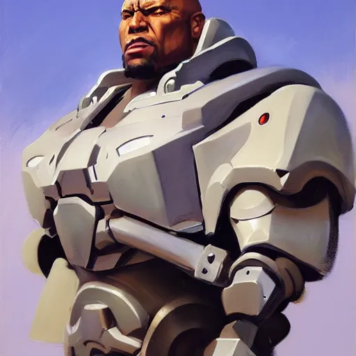 Image similar to greg manchess portrait painting of fully armored bionic augmented the foundation aka dwayne the rock as overwatch character, medium shot, asymmetrical, profile picture, organic painting, sunny day, matte painting, bold shapes, hard edges, street art, trending on artstation, by huang guangjian, gil elvgren, ruan jia, greg rutkowski, gaston bussiere