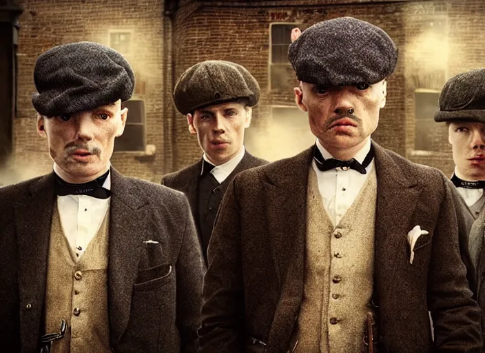 Image similar to peaky blinders crew made out of shrimp, poster, matte painting, 3 - d highly detailed, in the style of mark ryden,