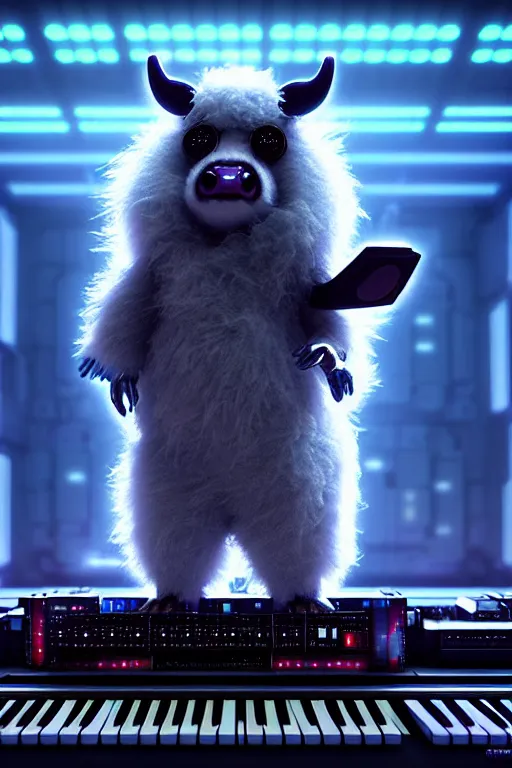 Prompt: high quality 3 d render sci - fi very cute neuromancer fluffy! mutant cow hybrid! playing keyboard, highly detailed, unreal engine cinematic smooth, in the style of blade runner & detective pikachu, hannah yata charlie immer, blue light, low angle, uhd 8 k, sharp focus